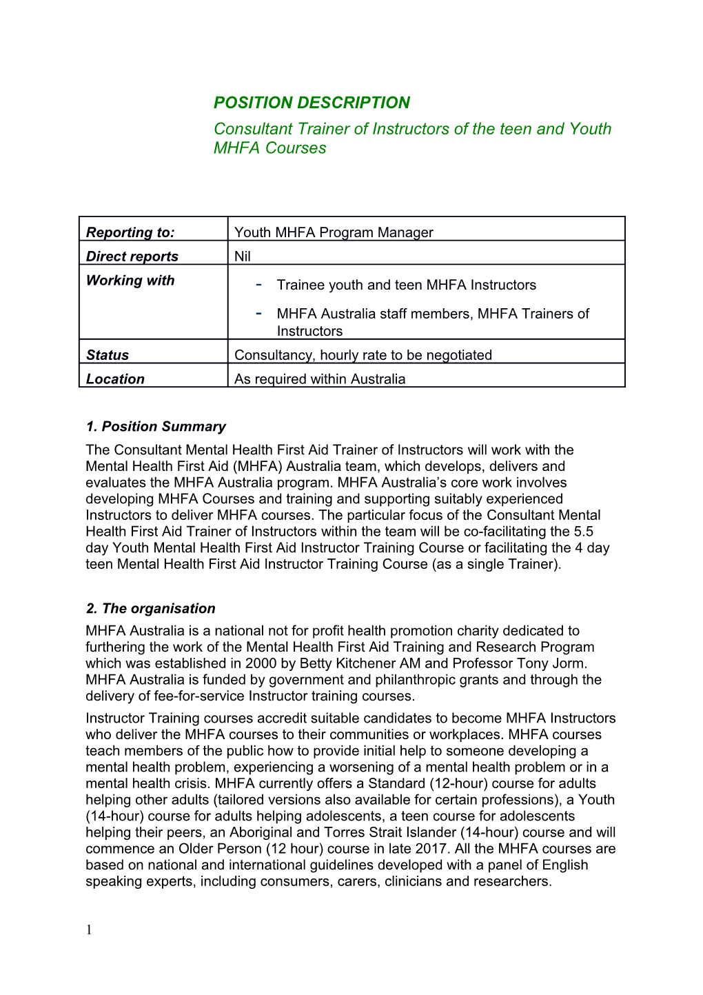 Consultanttrainer of Instructors of the Teen and Youth MHFA Courses