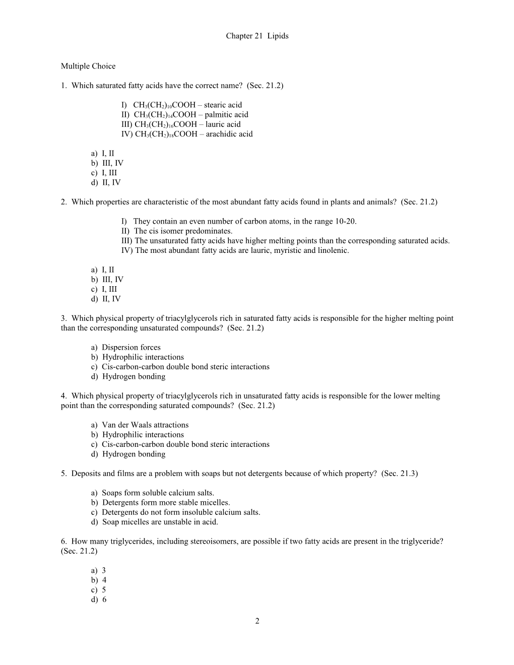 1. Which Saturated Fatty Acids Have the Correct Name? (Sec. 21.2)