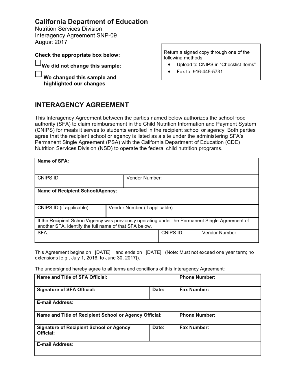 Inter-Agency Agreement - School Nutrition (CA Dept of Education)