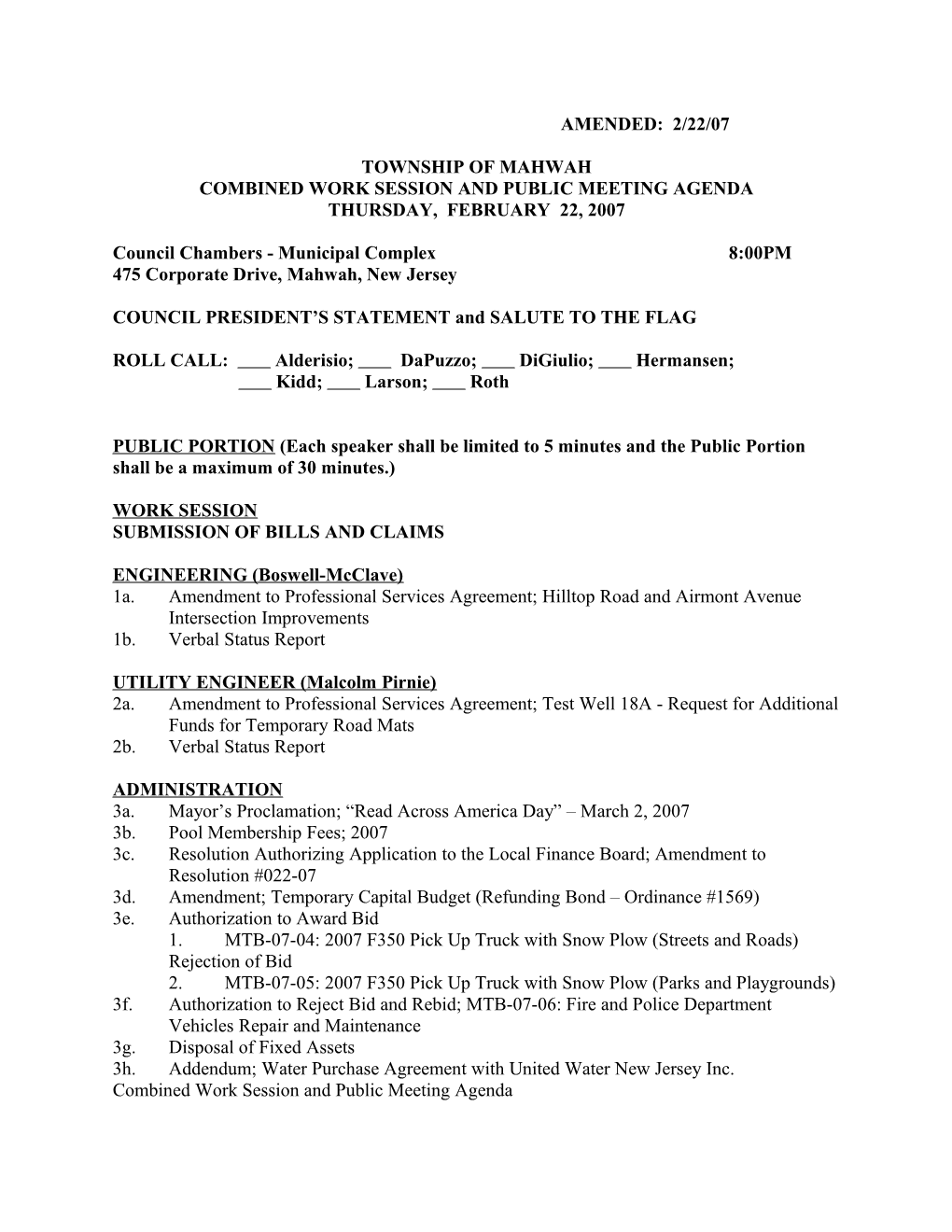 Combined Work Session and Public Meeting Agenda