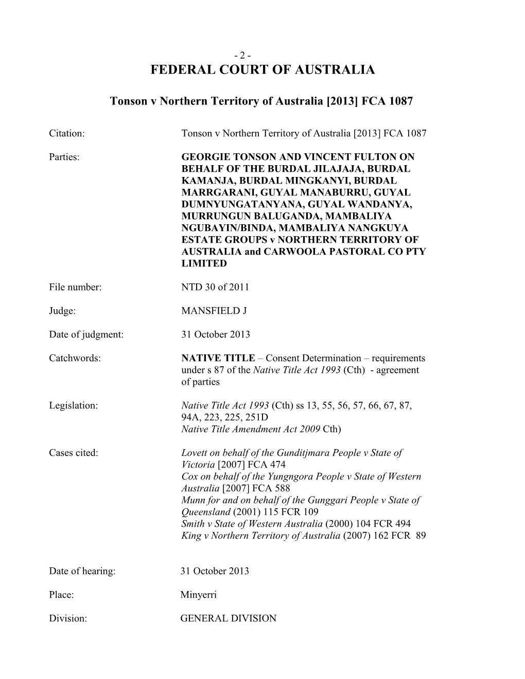 Tonson V Northern Territory of Australia 2013 FCA1087