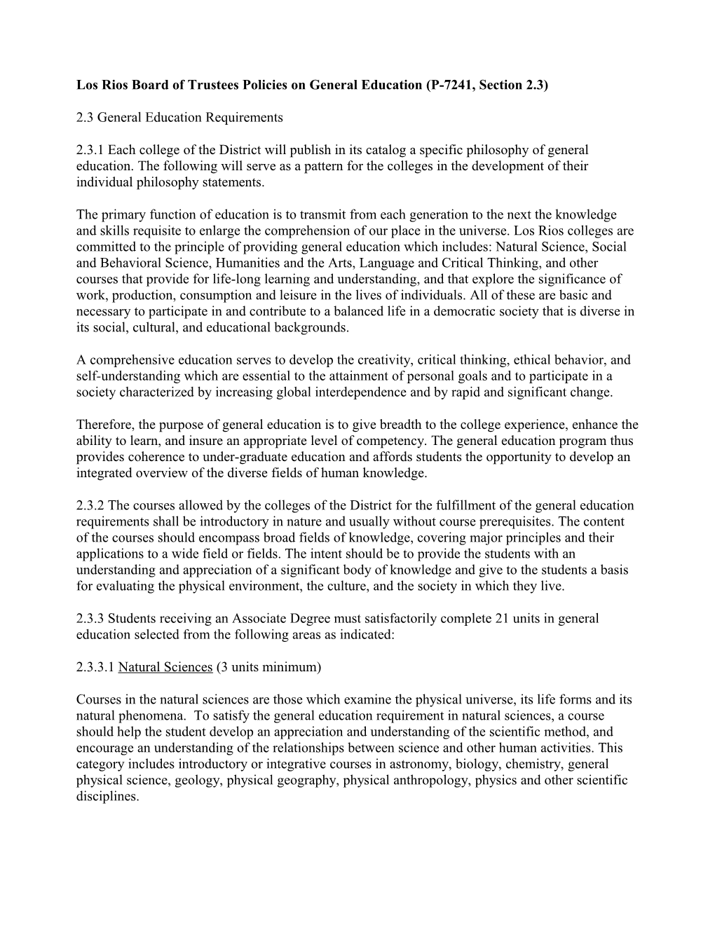 Los Rios Board of Trustees Policies on General Education (P-7241, Section 2