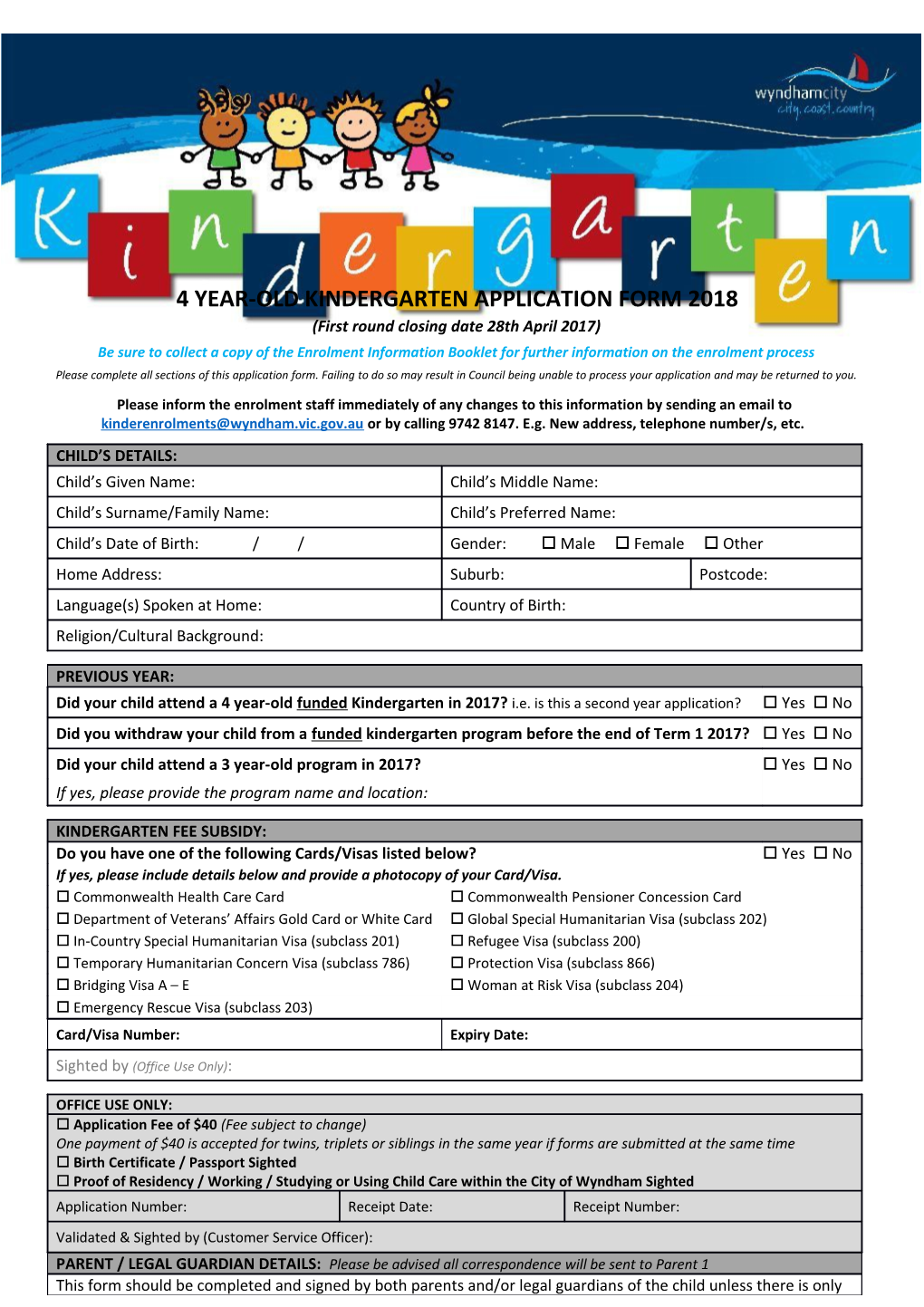 4 Year-Old Kindergarten Application Form 2018