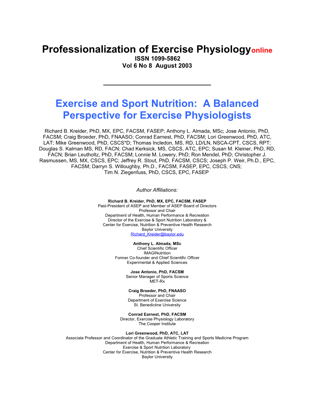 Exercise and Sport Nutrition: a Balanced Perspective for Exercise Physiologists