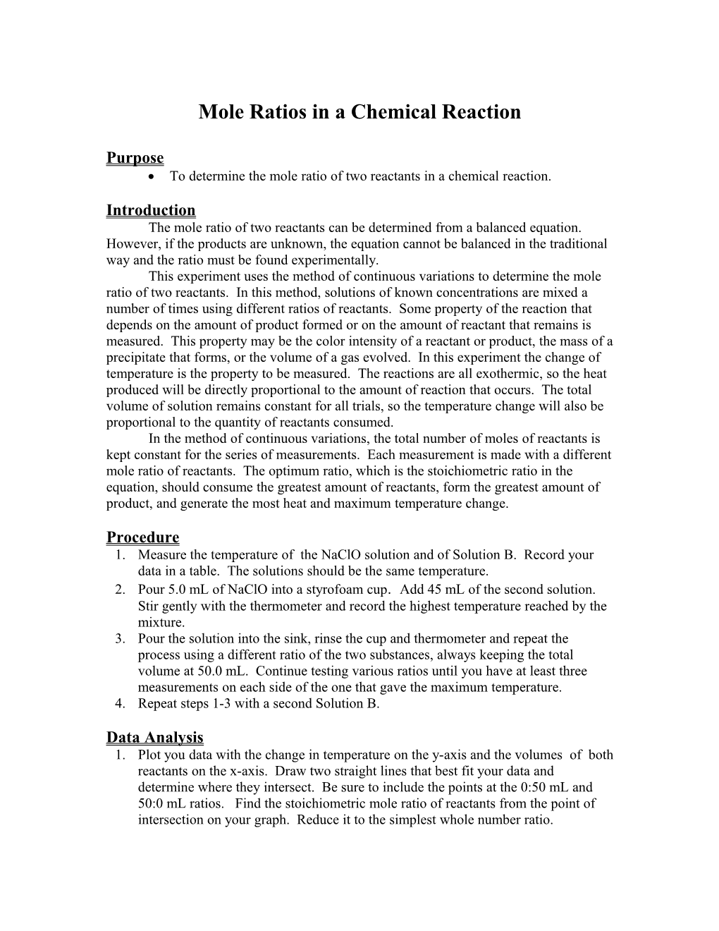 Mole Ratios in a Chemical Reaction