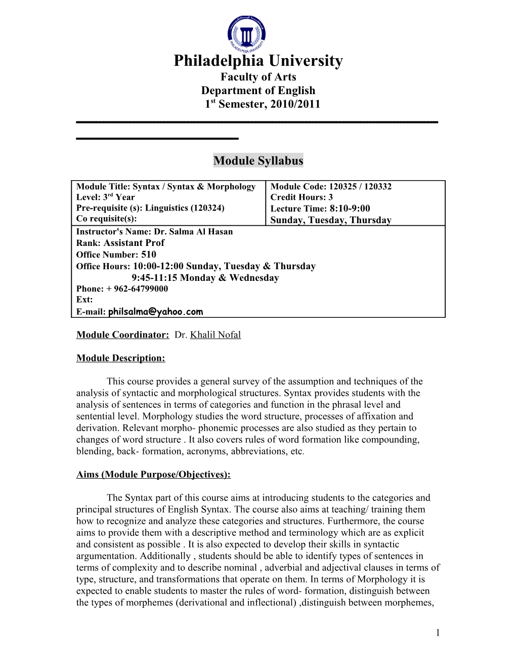 Module Title:Syntax / Syntax & Morphology