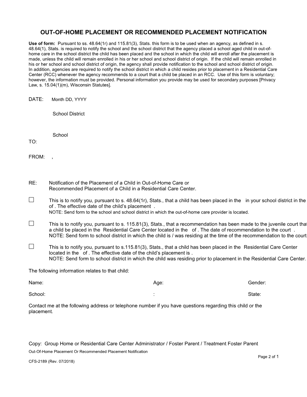 Out-Of-Home Placement Or Recommended Placement Notification, CFS-2189