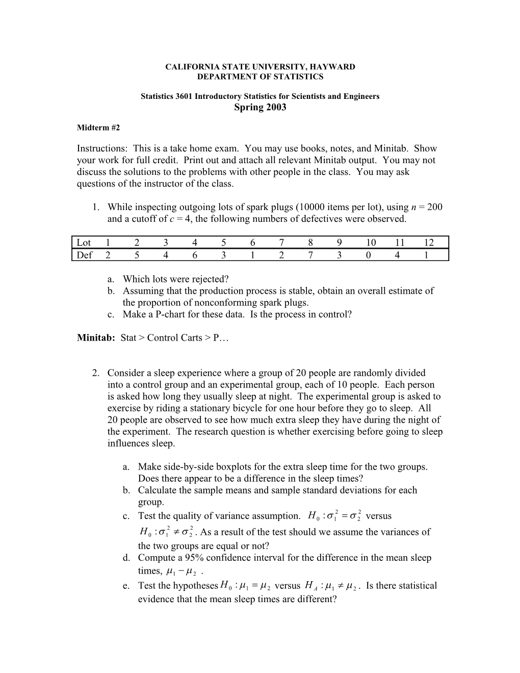 Statistics 3601 Introductory Statistics for Scientists and Engineers