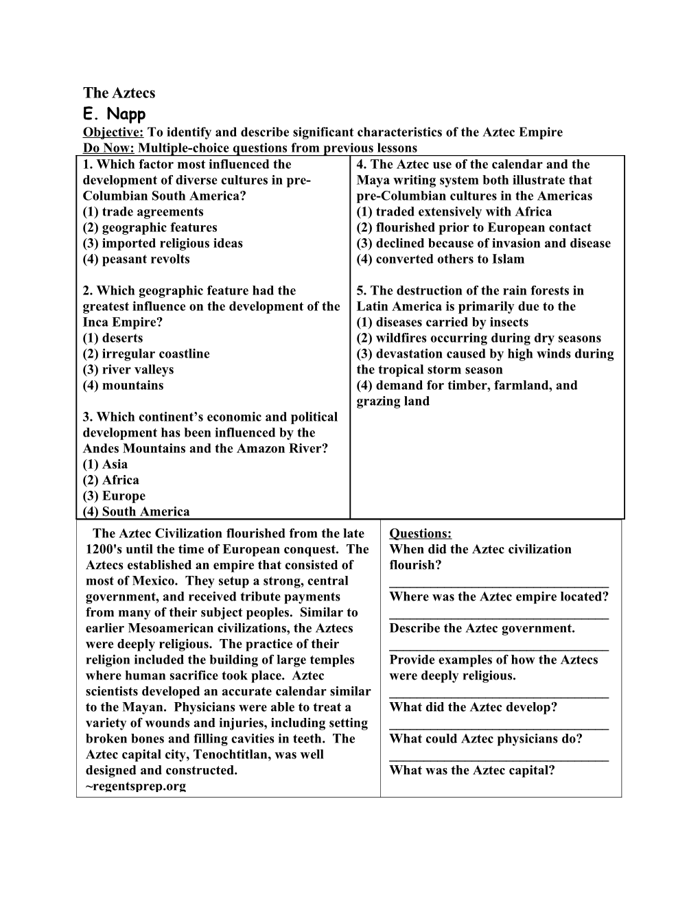 Objective: to Identify and Describe Significant Characteristics of the Aztec Empire