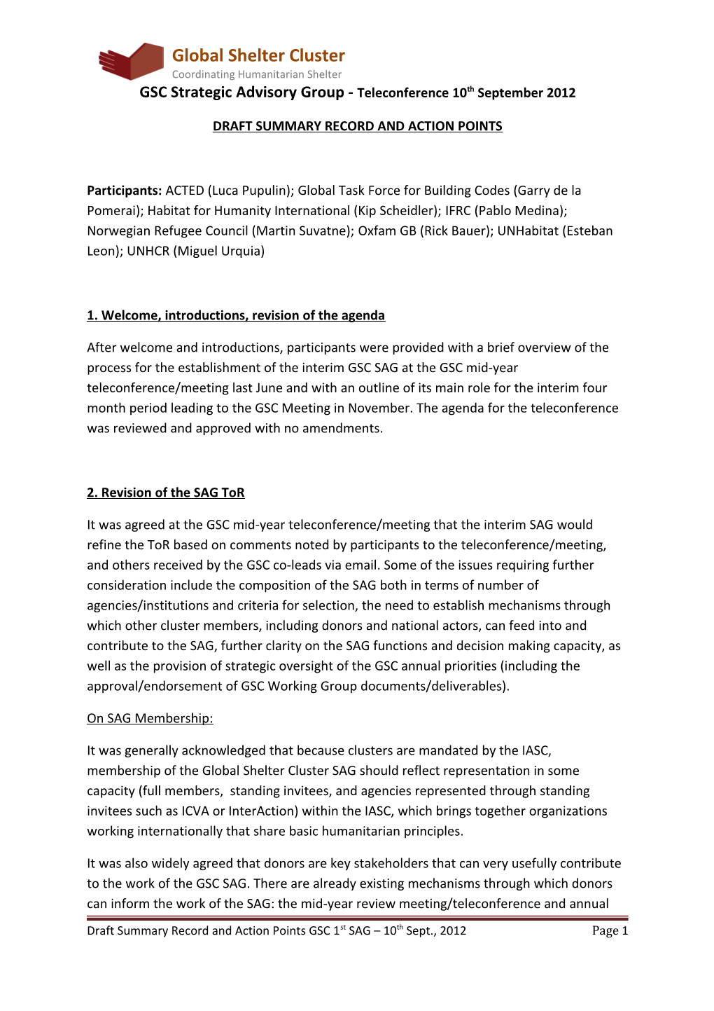 GSC SAG Draft Summaryrecord and Action Points V1