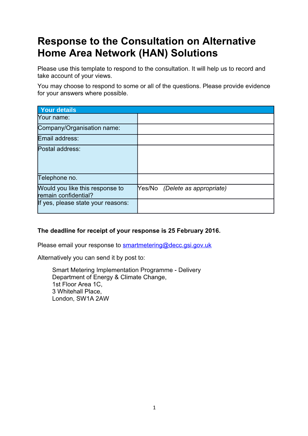 Response to the Consultation on Alternative Home Area Network (HAN) Solutions