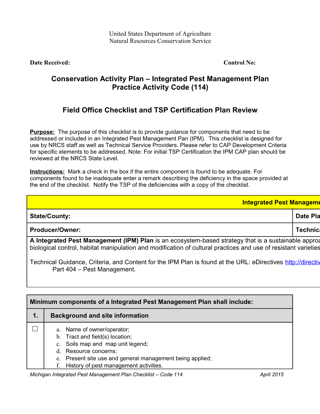 Conservation Activity Plan Integrated Pest Management Plan