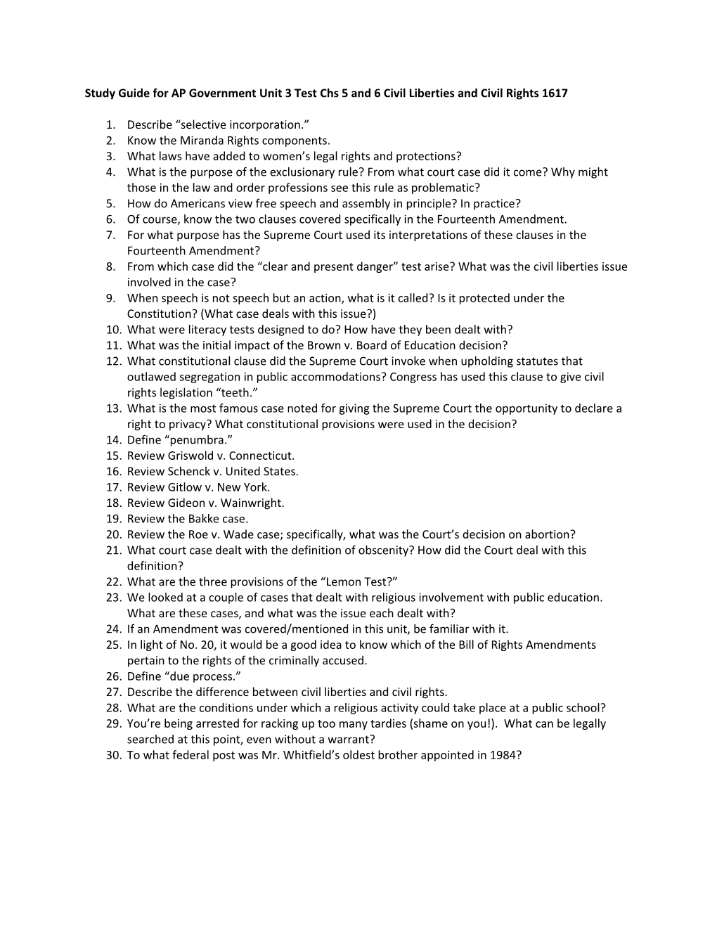 Study Guide for AP Government Unit 3 Test Chs 5 and 6 Civil Liberties and Civil Rights 1617