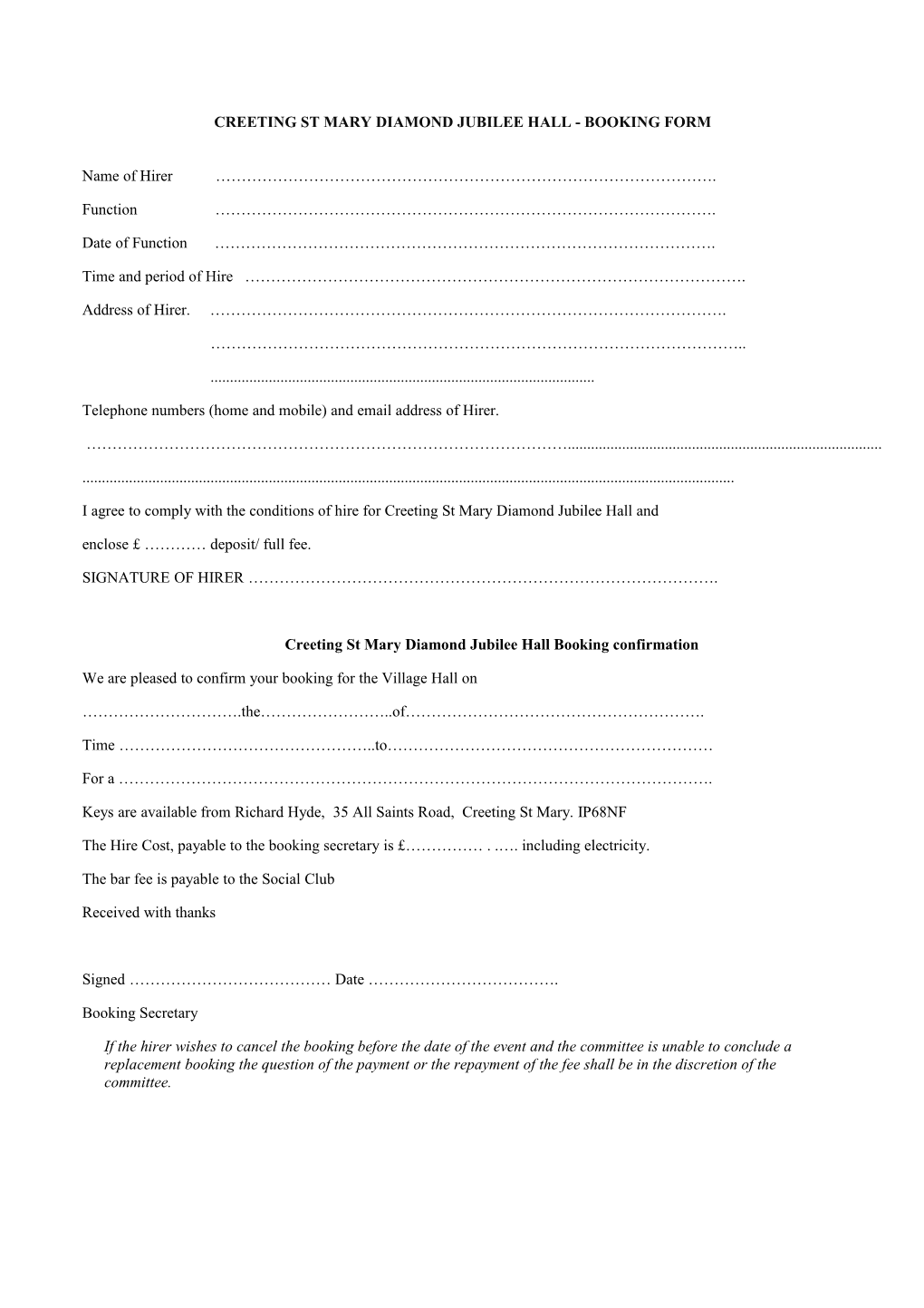Creeting St Mary Diamond Jubilee Hall - Booking Form
