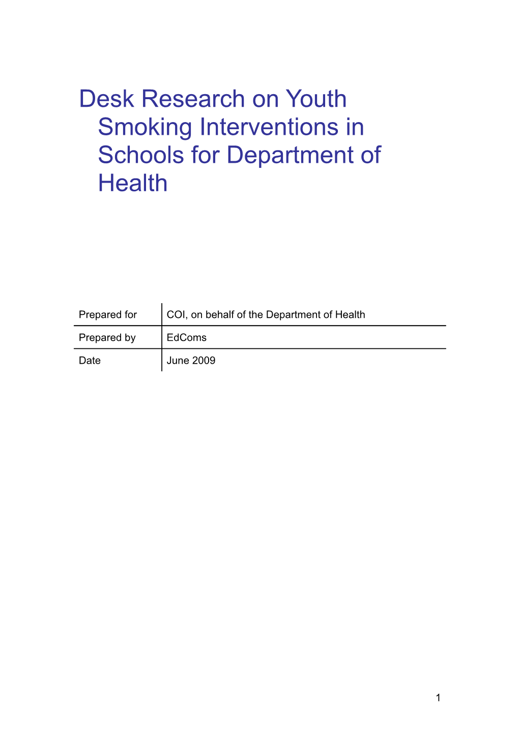 Desk Research on Youth Smoking Interventions in Schools for Department of Health