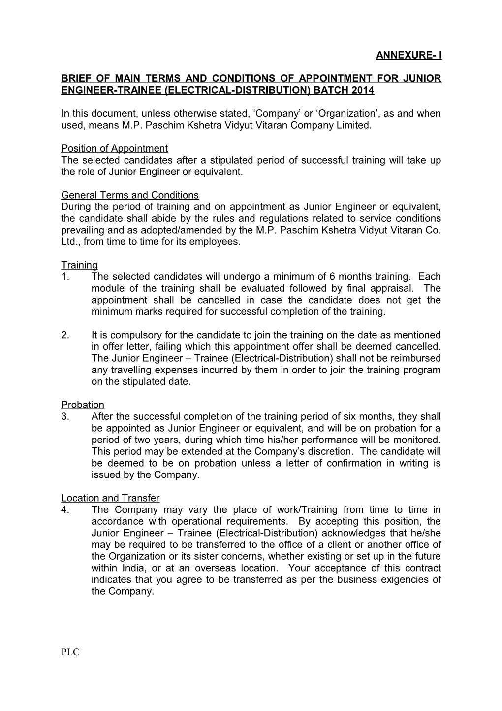 Brief of Main Terms and Conditions of Appointment for Junior Engineer-Trainee