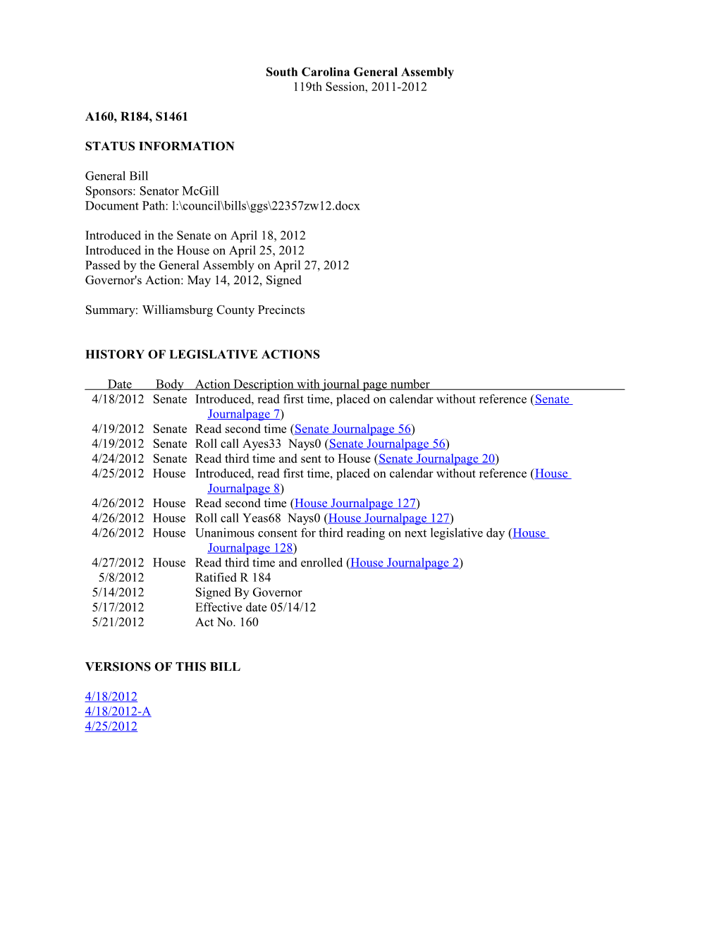 2011-2012 Bill 1461: Williamsburg County Precincts - South Carolina Legislature Online