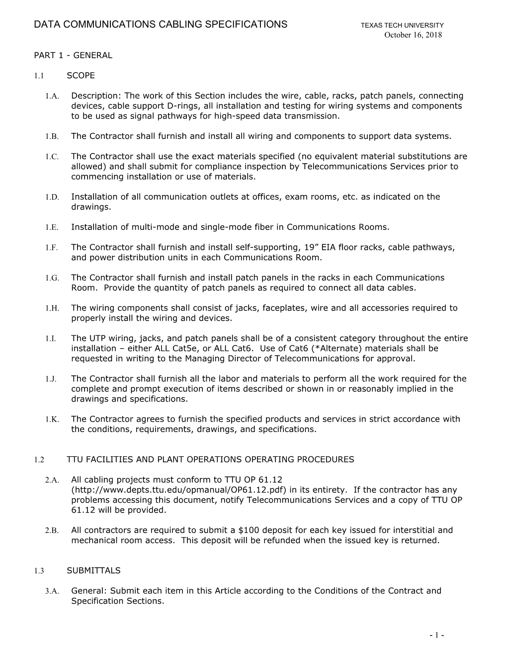 Data Communications Cabling Specifications