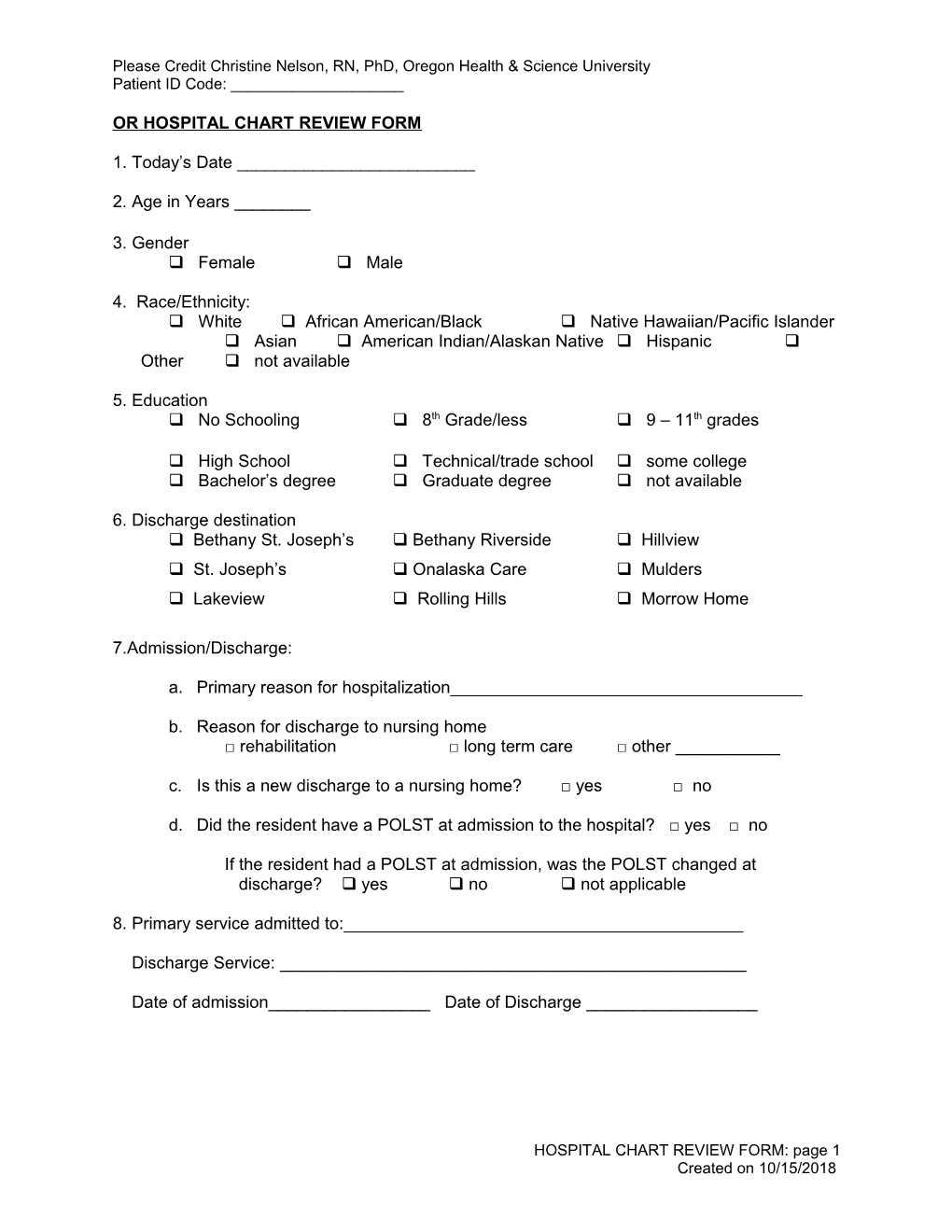 Hospital Chart Review Form