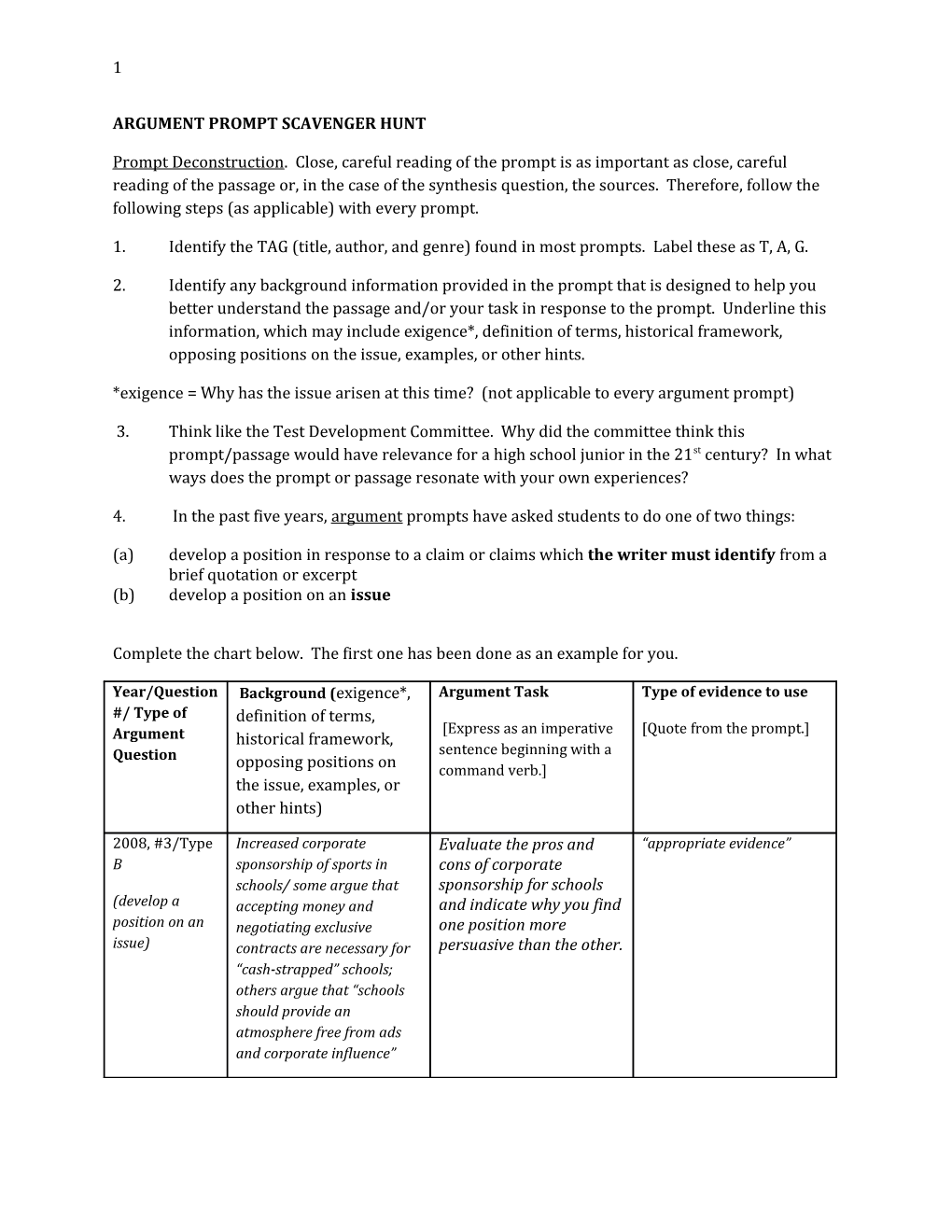 Argument Prompt Scavenger Hunt