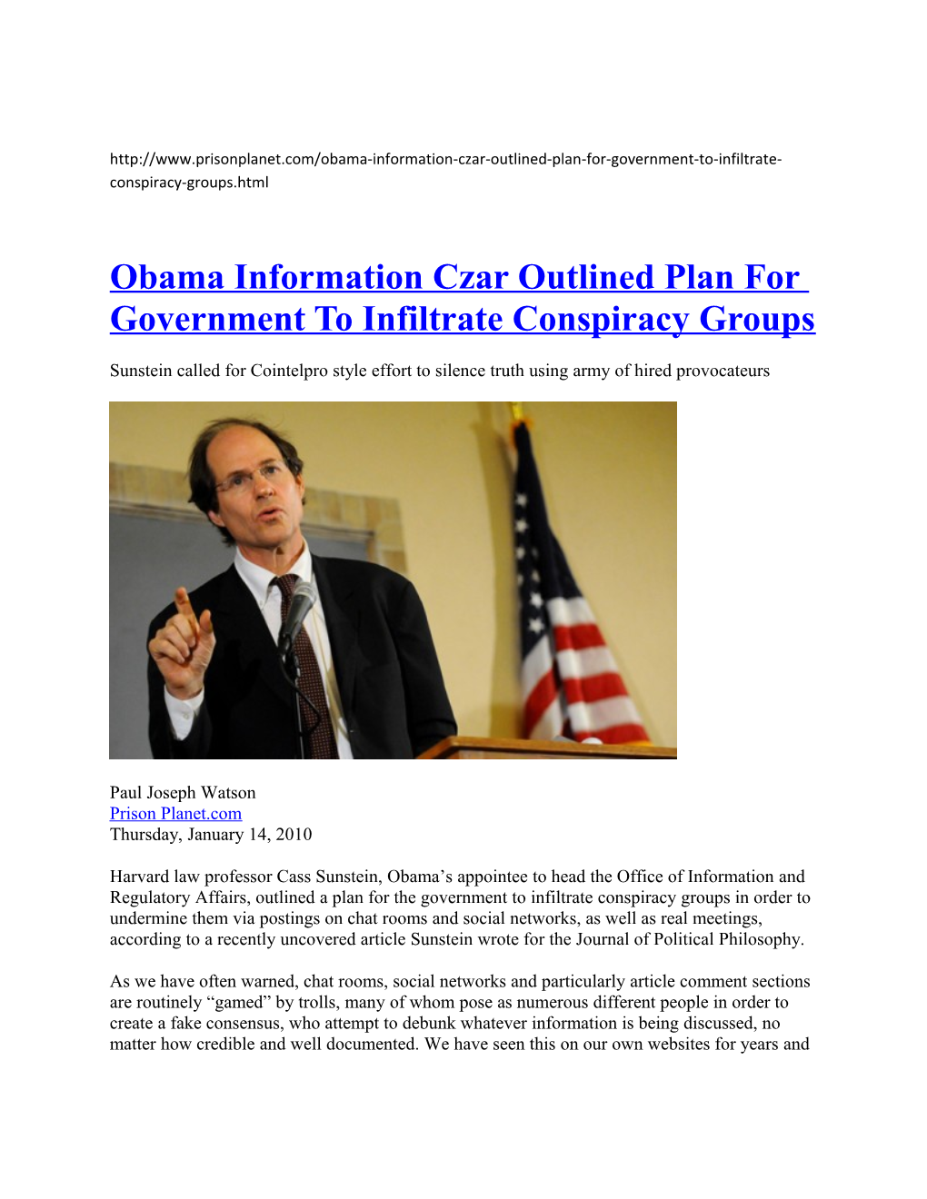 Obama Information Czar Outlined Plan for Government to Infiltrate Conspiracy Groups