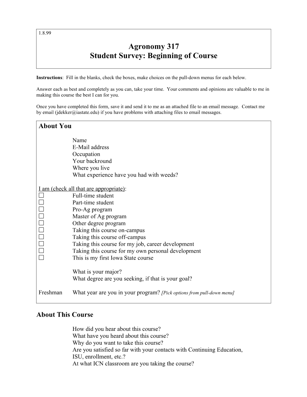 Student Survey: Beginning of Course