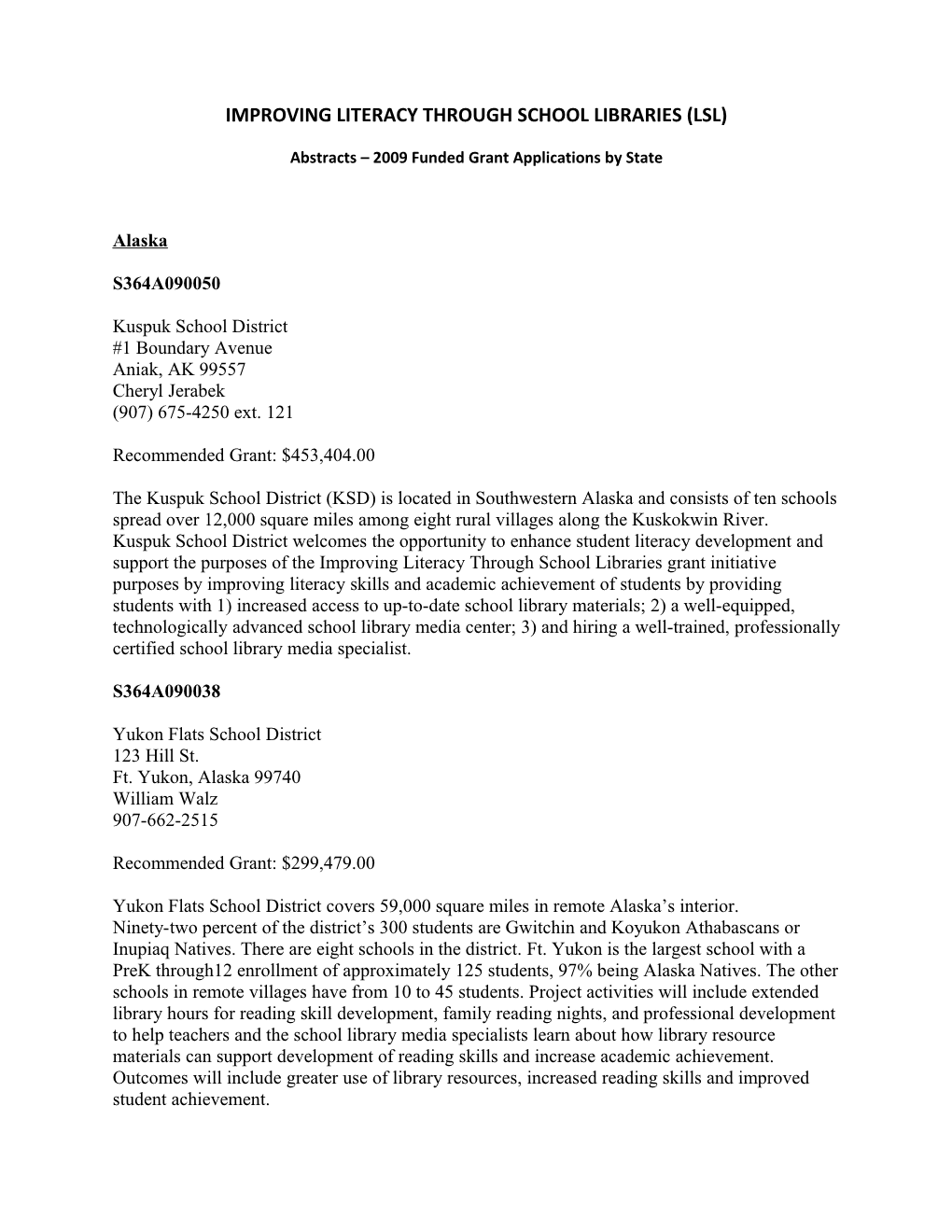 FY 2009 Improving Literacy Through School Libraries Abstracts (MS WORD)