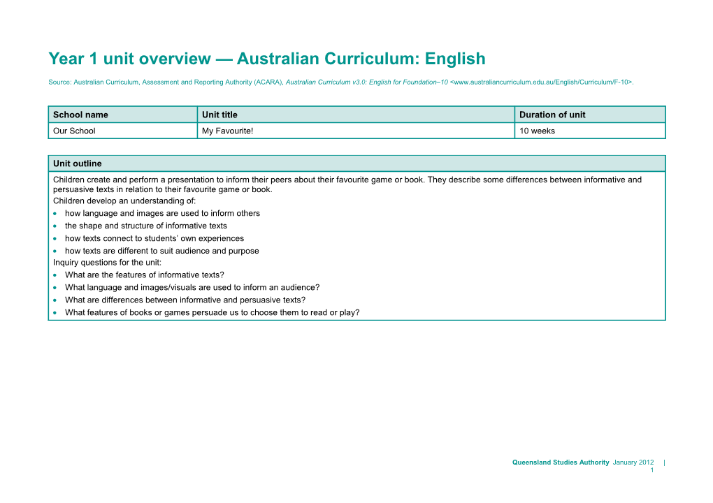 Year 1 Unit Overview Australian Curriculum: English
