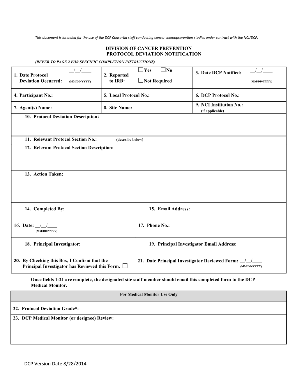 Division of Cancer Preventio Protocol Deviation Notification