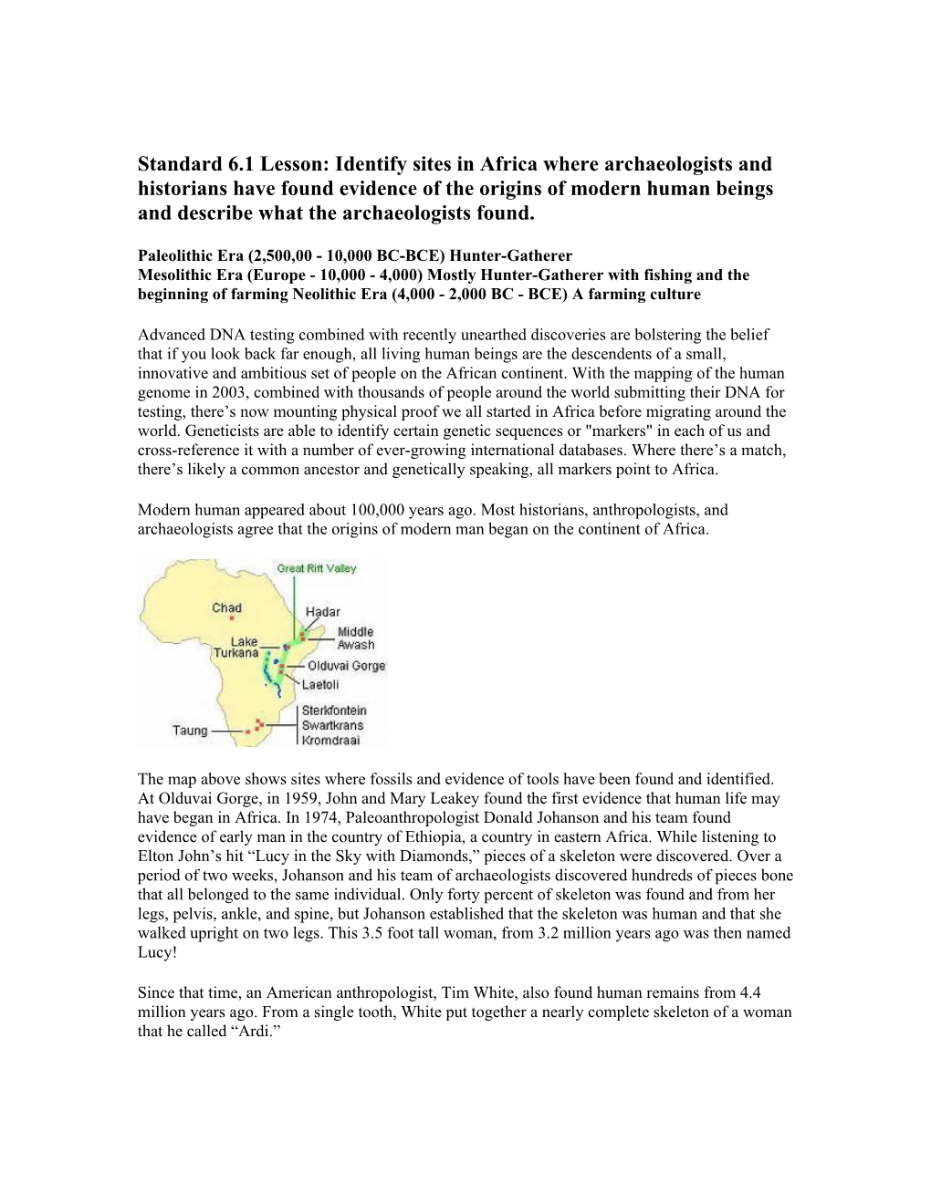 Standard 6.1 Lesson: Identify Sites in Africa Where Archaeologists and Historians Have