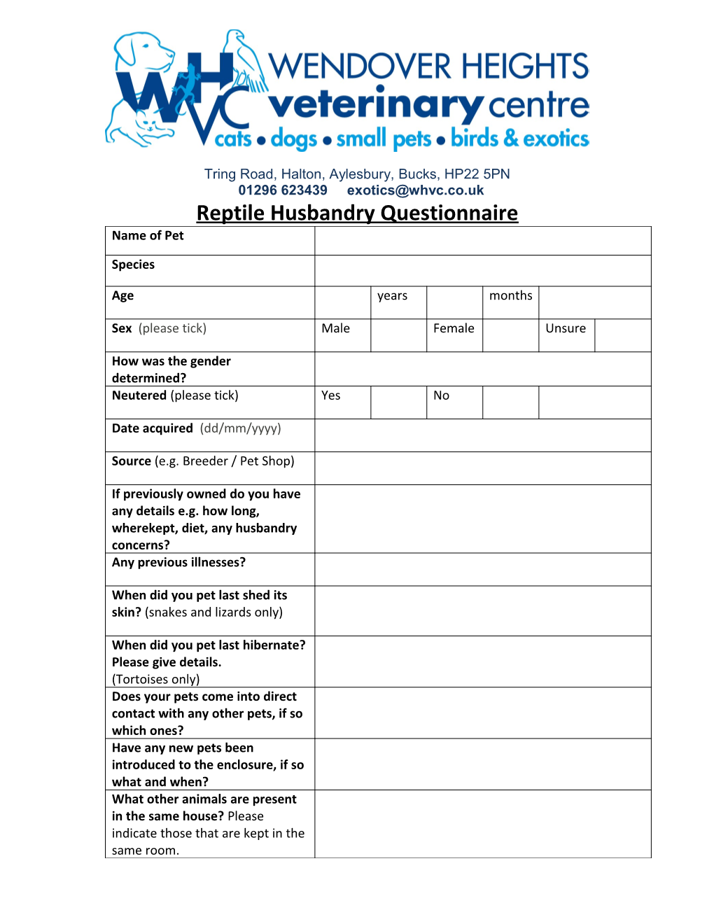 WHVC Reptile Husbandry Questionnaire