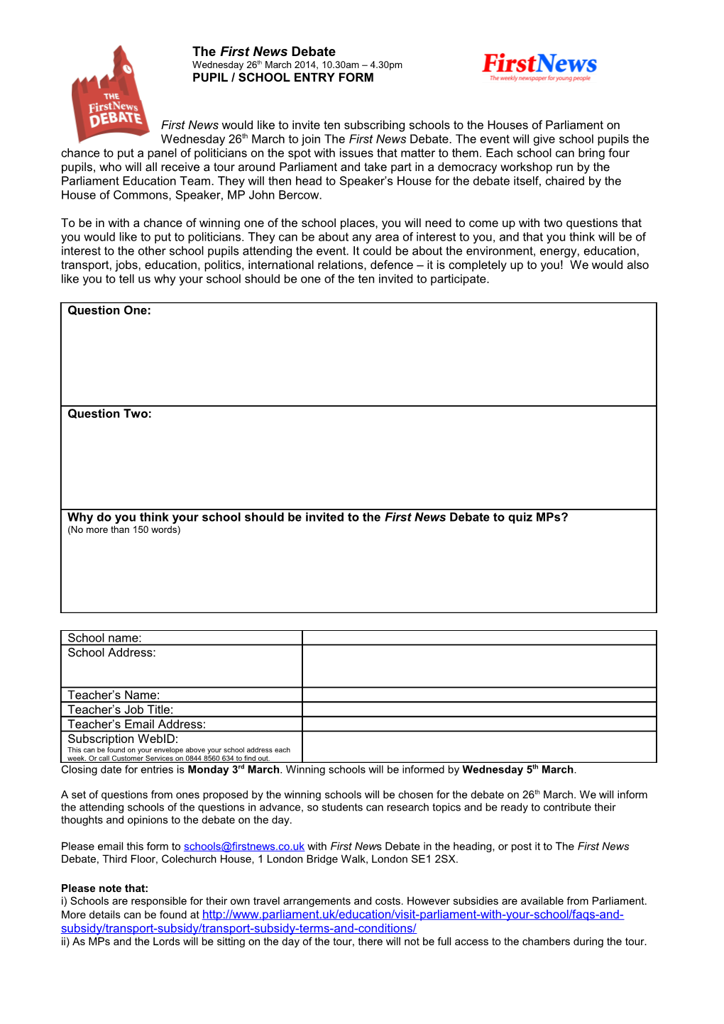 Pupil / School Entry Form