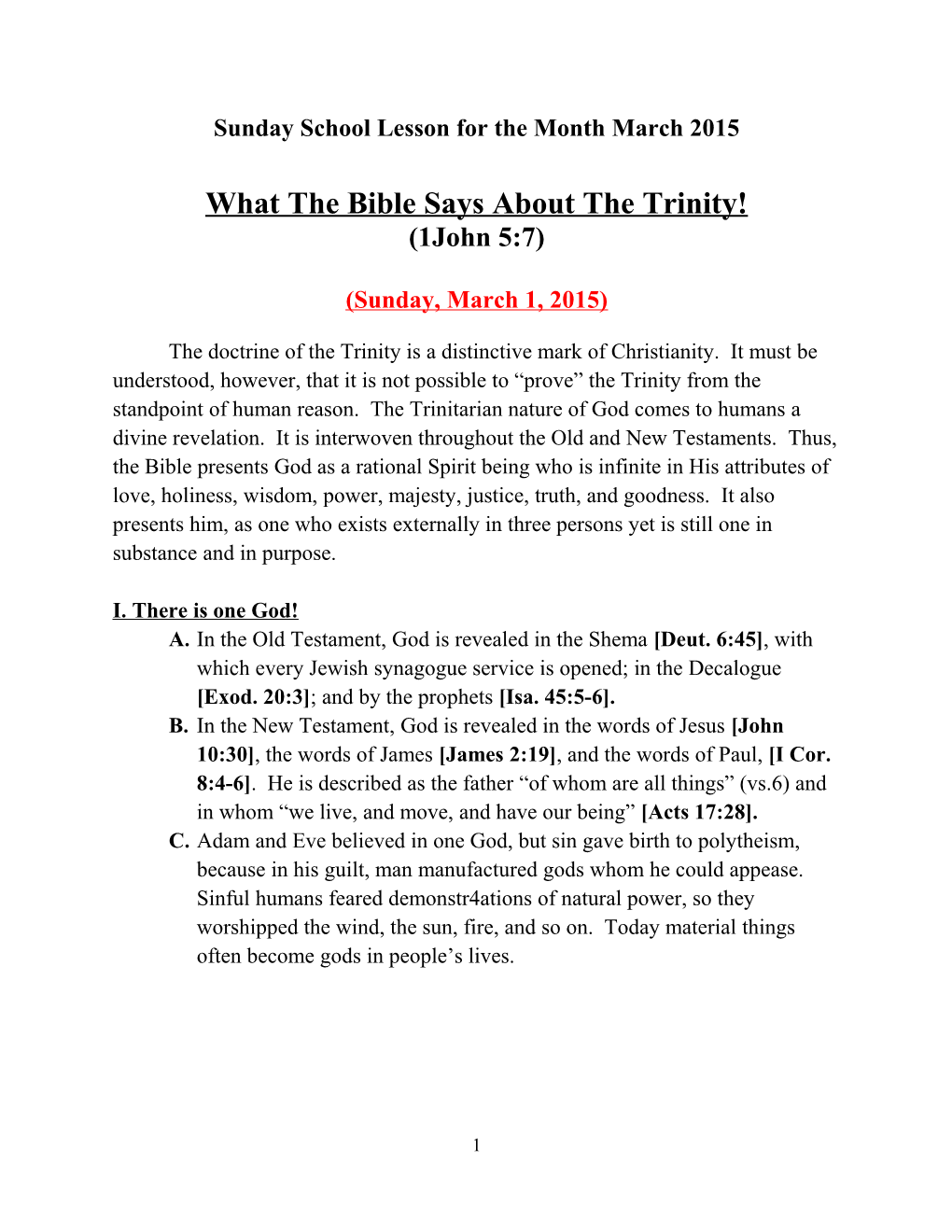 Sunday School Lesson for the Month March 2015