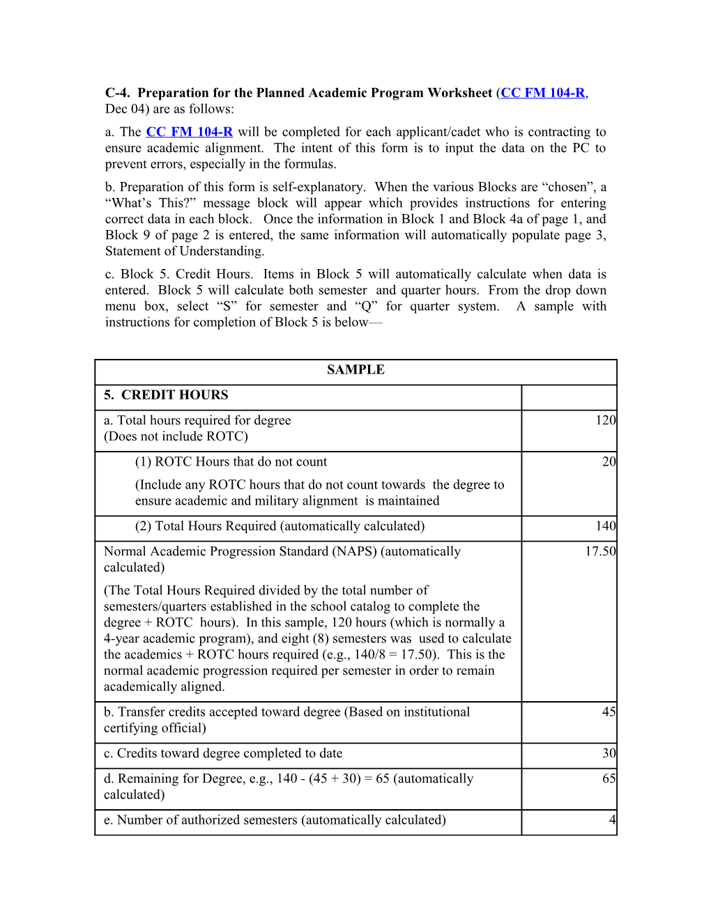 C-4.Preparation for the Planned Academic Program Worksheet (CC FM 104-R, Dec 04) Are As