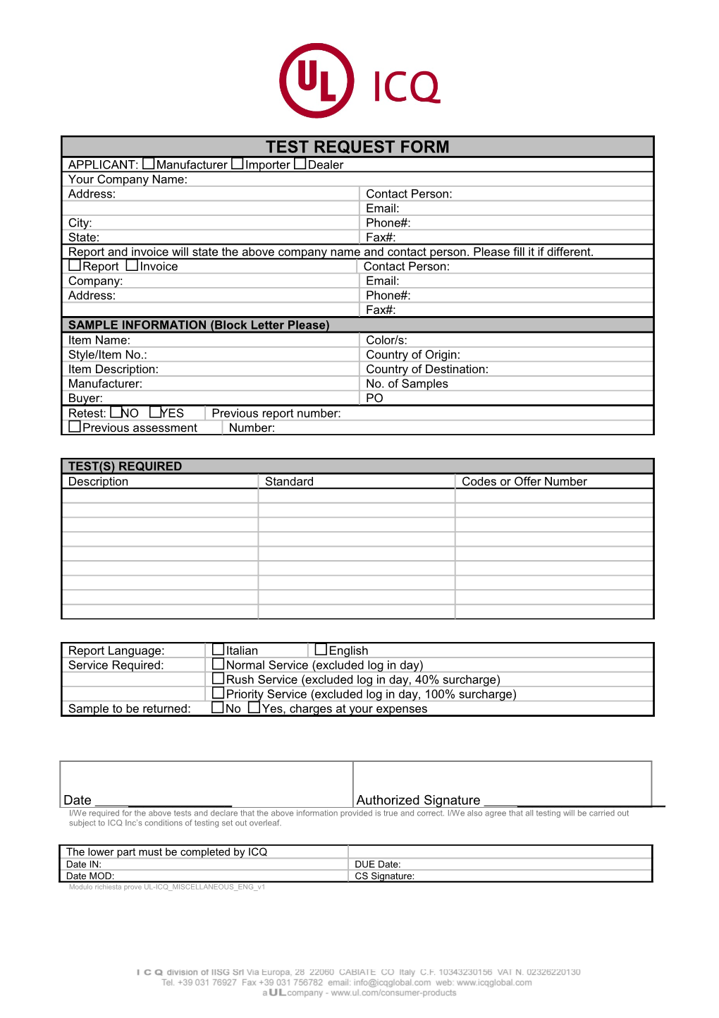 Modulo Richiesta Prove UL-ICQ MISCELLANEOUS ENG V1