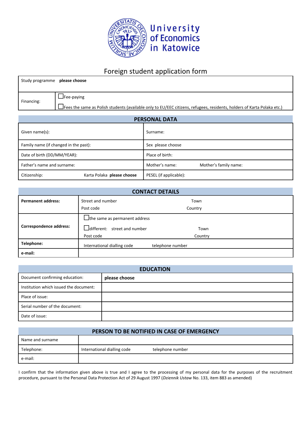 Foreign Student Application Form