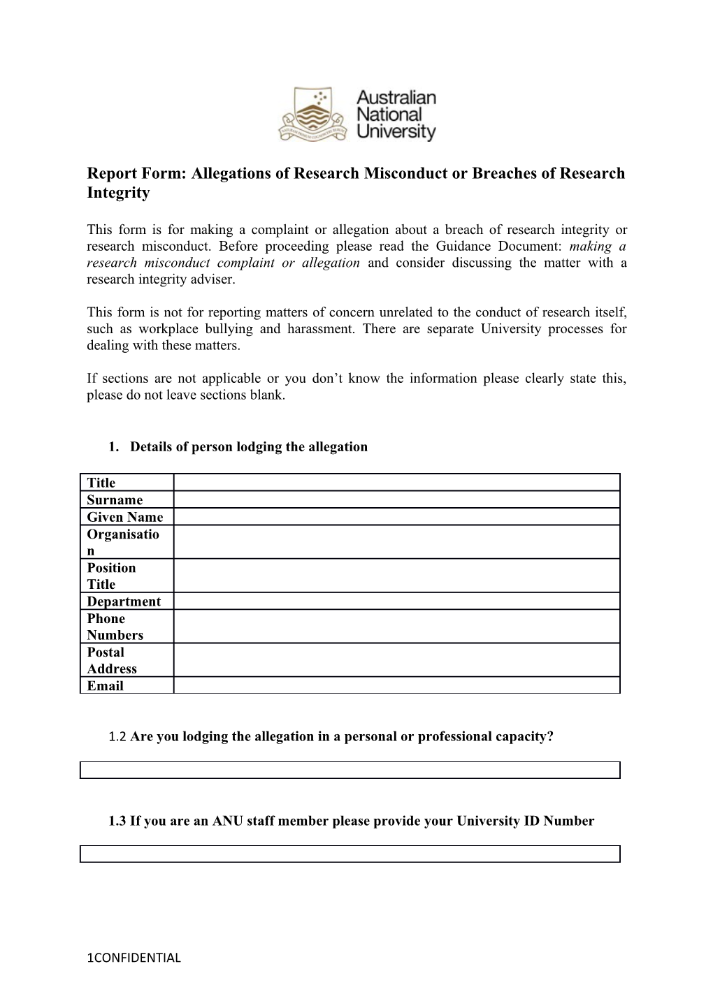 Report Form: Allegations of Research Misconduct Or Breaches of Research Integrity