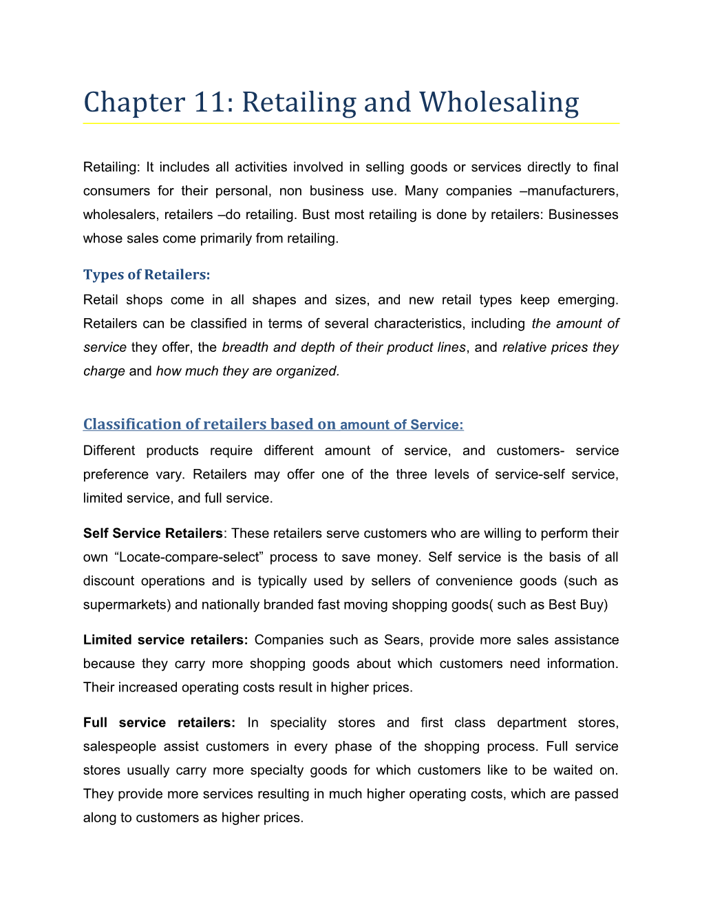 Chapter 11: Retailing and Wholesaling