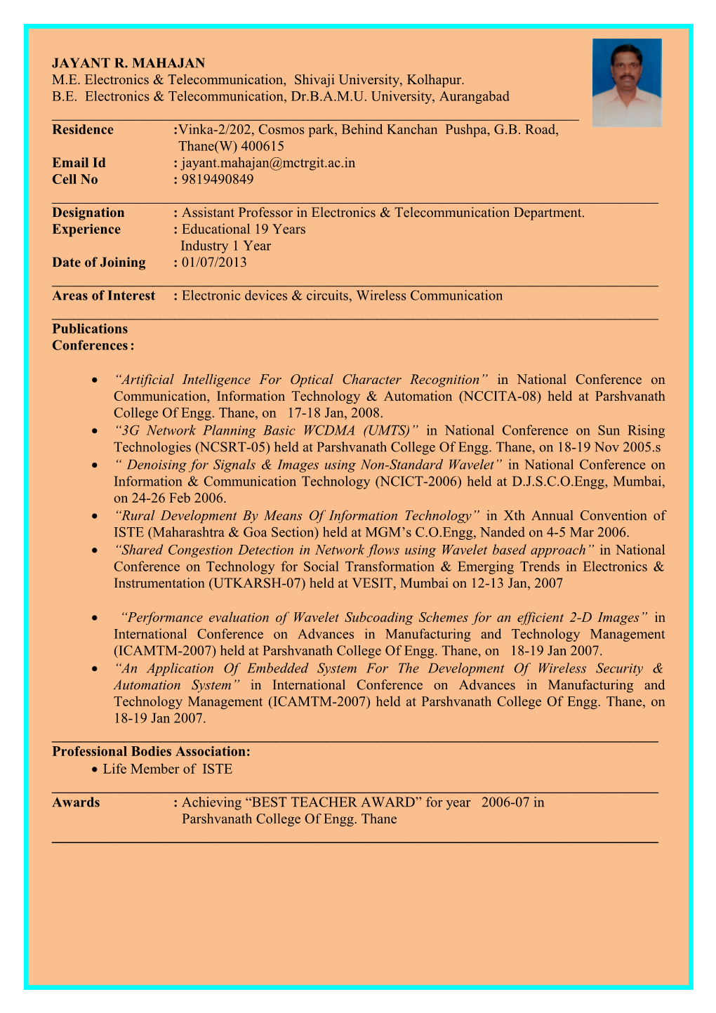 M.E. Electronics & Telecommunication, Shivaji University, Kolhapur