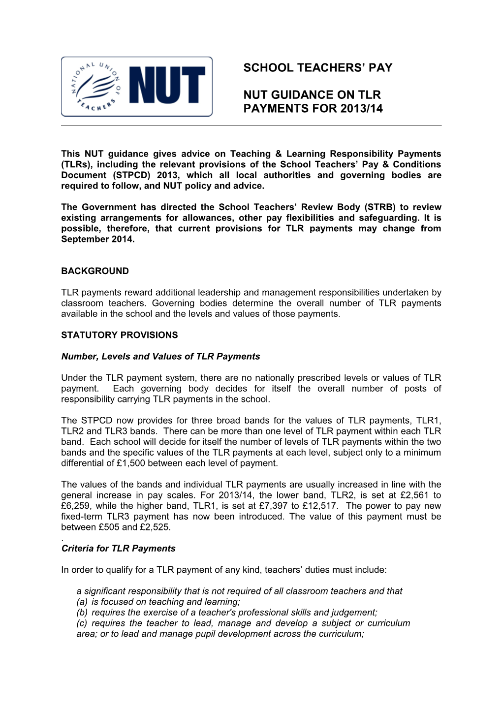 Nut Guidance on Tlr Payments for 2013/141