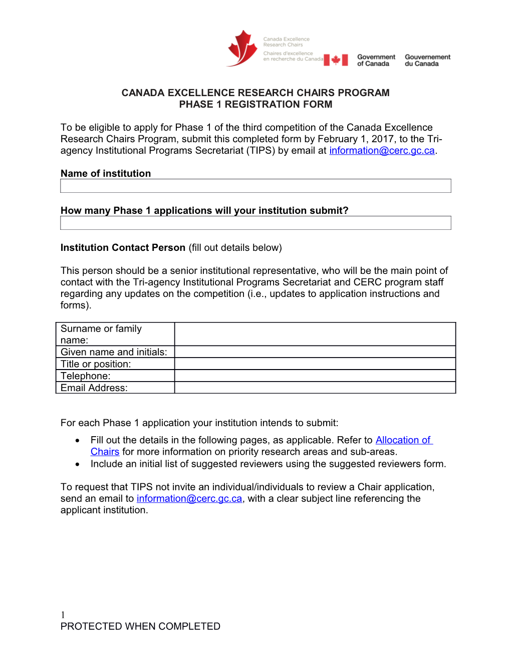 Canada Excellence Research Chairs Program Phase 1 Registration Form