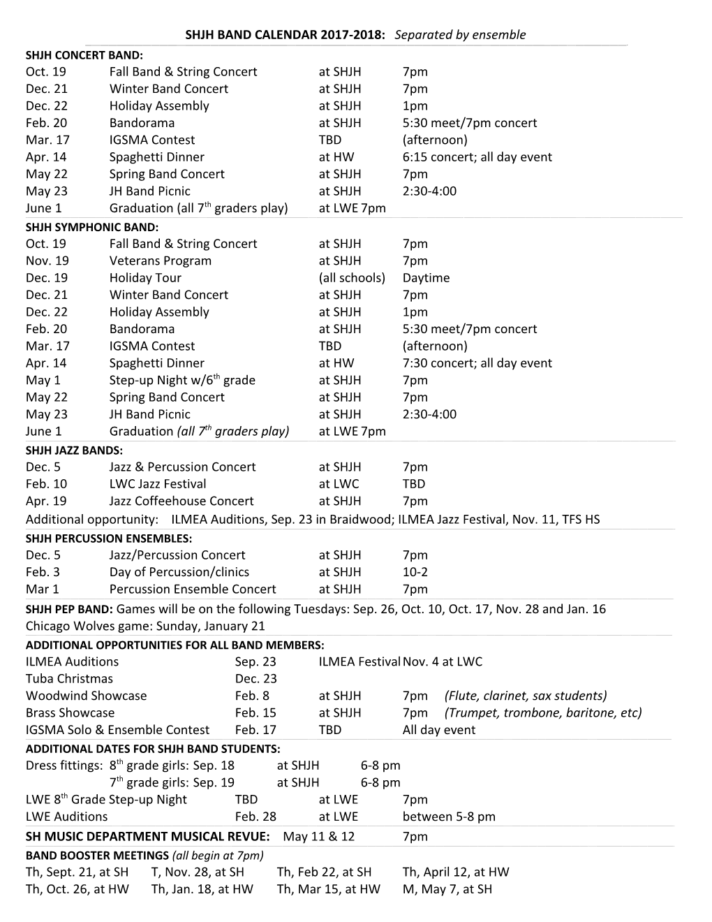 SHJH BAND CALENDAR 2017-2018: Separated by Ensemble