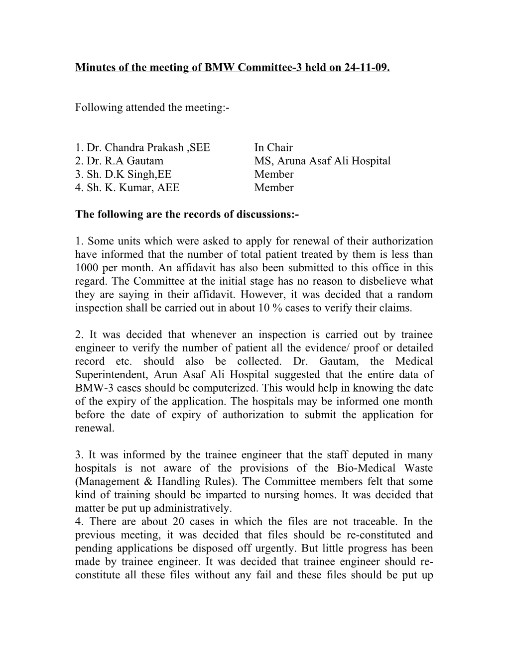 Minutes of the Meeting of BMW Committee-3 Held on 24-11-09