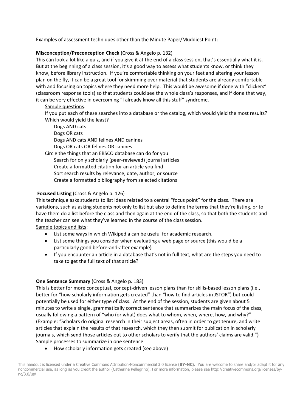 Examples of Assessment Techniques Other Than the Minute Paper/Muddiest Point