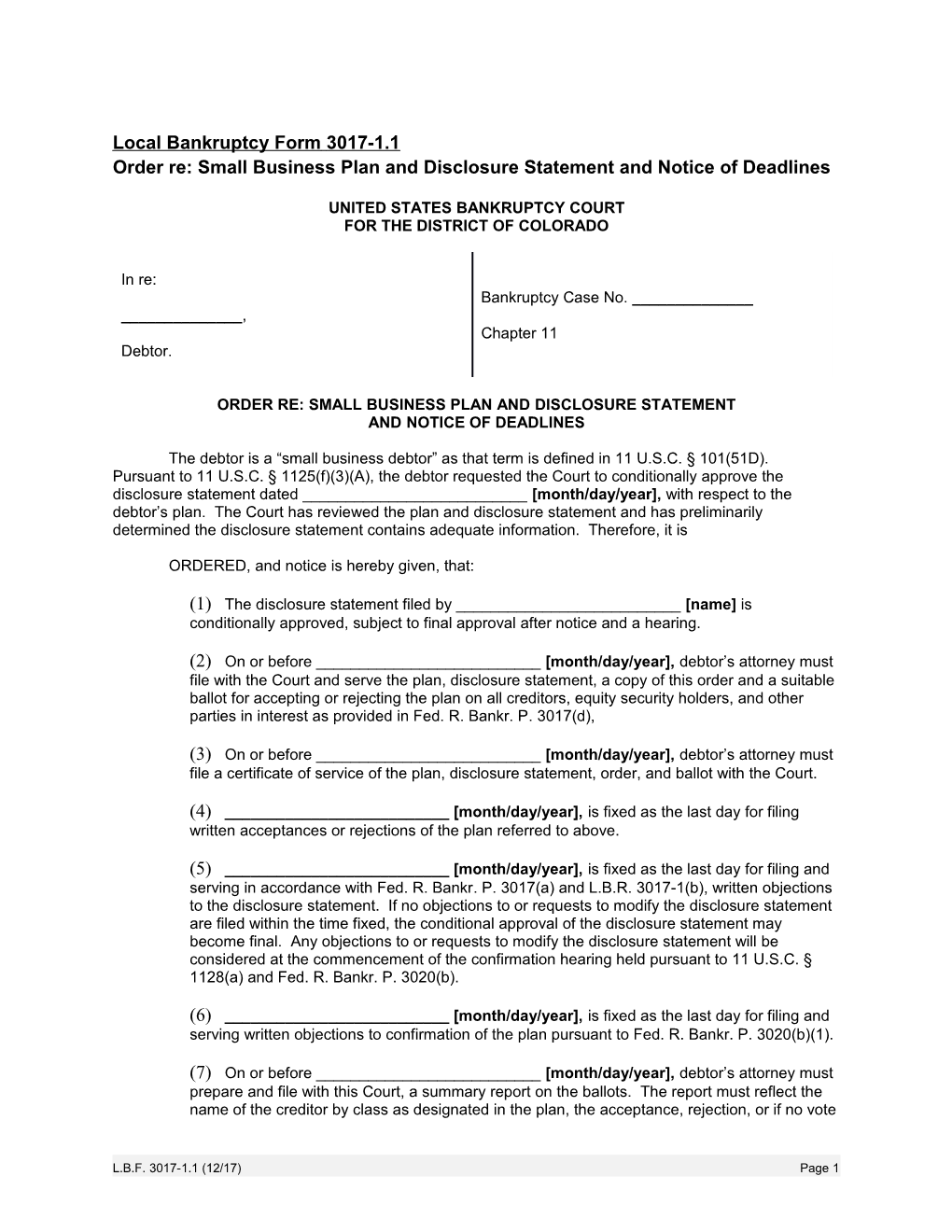 Order Re: Small Business Plan and Disclosure Statement and Notice of Deadlines
