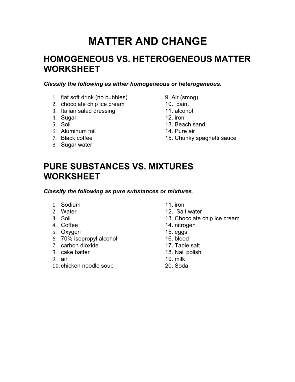 Homogeneous Vs. Heterogeneous Matter Worksheet