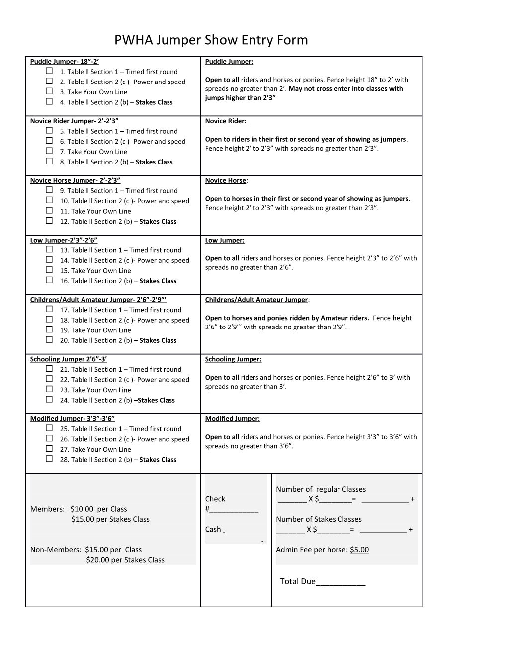 PWHA Jumper Show Entry Form