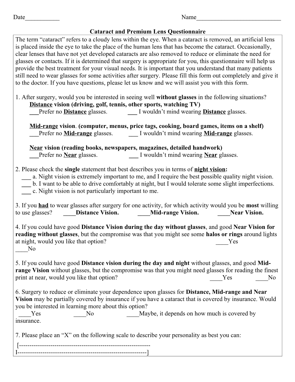 Cataract and Refractive Lens Exchange Questionnaire