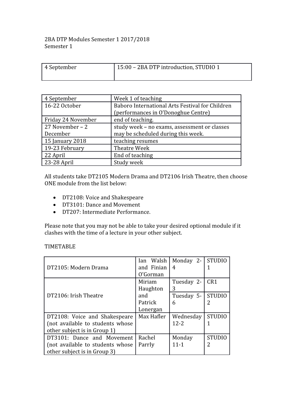 2BA DTP Modules Semester 1 2017/2018