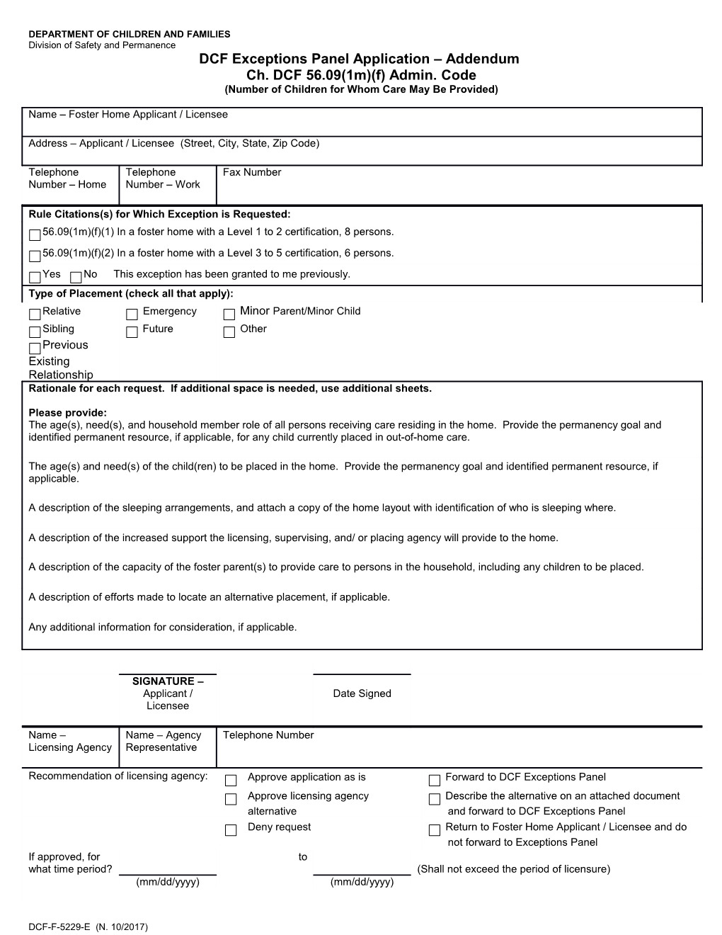 Application to DHFS Exceptions Panel for Exception to Ch. HFS 56 Or HFS 38 (Foster